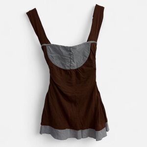 Brown and blue with polkadot print button up gingham babydoll top